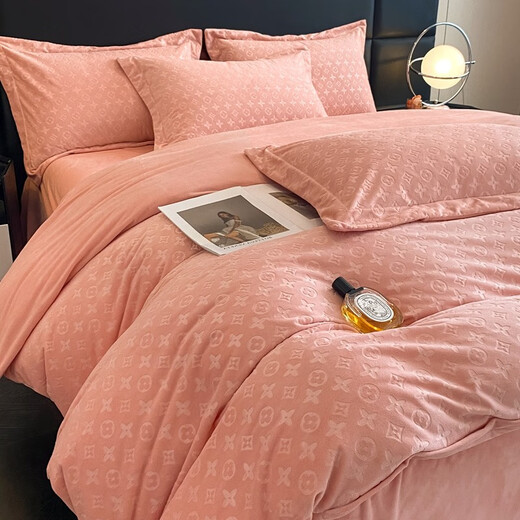 Lady Laura Fuanna 2025 sense milk velvet four-piece set light luxury coral velvet baby velvet thickened bed sheet Eternal-bean paste powder 3 seconds quick warm anti-static bed sheet style 1.5 quilt cover 200x230 four-piece set