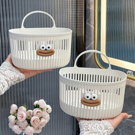 Cute wall-mounted storage basket multifunctional kitchen bathroom small hanging basket no punching wall hanging jewelry box small pink + white large mouth wall hanging storage box
