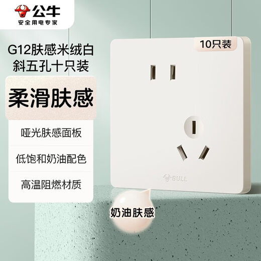 公牛（BULL）开关插座 G12肤感哑光奶油风10A斜五孔十只装套餐G12Z223AS米绒白