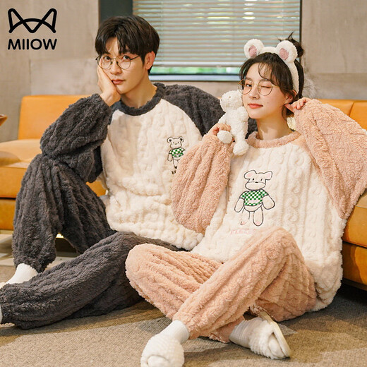 MiiOW coral velvet couple pajamas for women winter thickened velvet warm flannel large size can be worn outside home clothes suit men HMF7786 M women