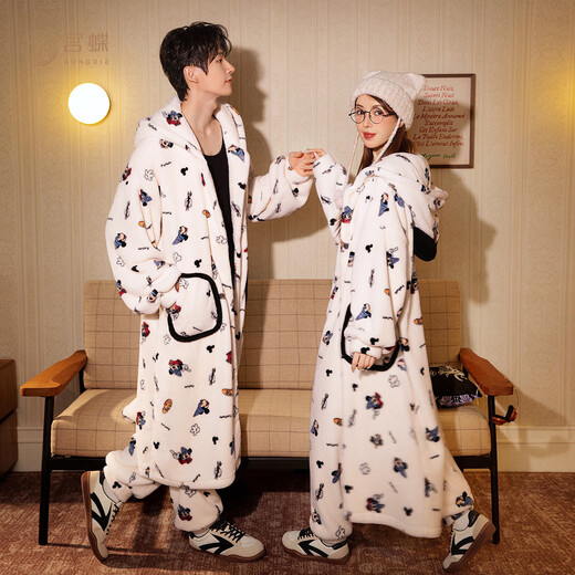Gongdie Thermal Storage Disney Mickey Couple Pajamas for Women Winter Anti-static Flannel Pajamas Set for Men