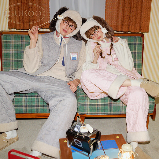 Gukoo couples pajamas winter Snoopy joint quilted warm new women's home clothes set men's pajamas can be worn outside D light pink women's suit (excluding inner wear) S