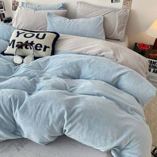 Fantasy winter coral milk velvet duvet cover single piece double-sided thickened flannel duvet cover winter dormitory single plush quilt baby blue + light gray double-sided warm velvet delicate and warm 180x220cm milk velvet duvet cover single piece