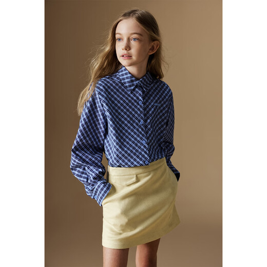 ELLE KIDS children's clothing plaid embroidered long-sleeved shirt girls autumn new classic retro college style top navy blue plaid 165 (M)