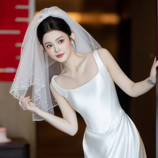 ROAR UTHAUG white imitation pearl double layer short fluffy wedding veil photo props bride wedding certificate veil white new short pearl veil