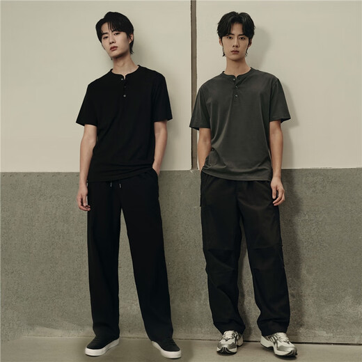 Giordano Korean same style Henley shirt men's summer pure cotton solid color Henley collar short-sleeved T-shirt for men 01025564