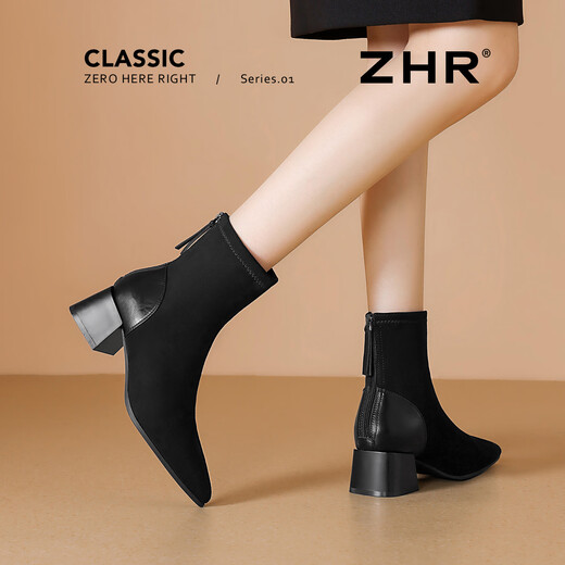 ZHR short boots women's retro thin women's boots winter plus velvet thick high heel suede ankle boots pointed toe elastic boots BL652A black 37