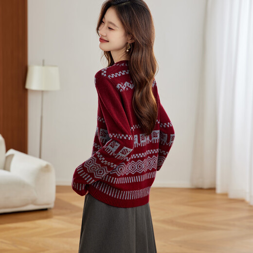 Shexi (Srcr) 350g thick 100% wool sweater retro jacquard sweater for women with autumn and winter knitted bottoming sweater