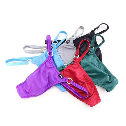 PYONGRAINS men's thong string silky thin ice silk high elastic semi-transparent sexy thong with low ring black S