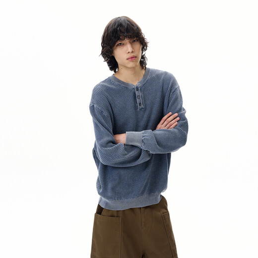 Oiro's shop American retro washed distressed long-sleeved sweater for men trendy brand high-end Henry collar sweater couple blue M