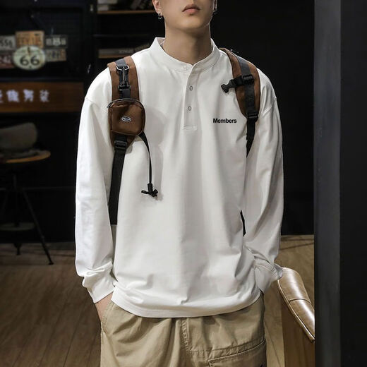 Qisiman American classic retro 350g heavyweight sweatshirt men's long-sleeved autumn and winter British style Henry collar POLO shirt for men white autumn clothing regular M recommended 90-115Jin Jin equals 0.5 kg