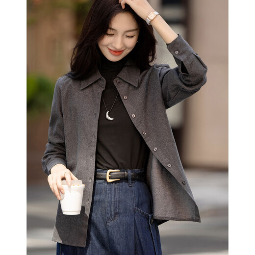 Demana brushed technology winter warm-toned time-tempered lapel patch pocket shirt straight loose shirt women's top
