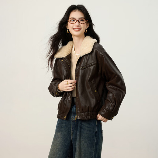 Shangjing Retro PU Leather Jacket Women's 2025 Winter New Style Velvet Thickened Warm Motorcycle Jacket Fur Collar Short Jacket Brown M