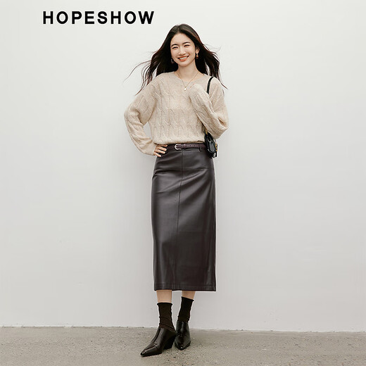 Red sleeve (hopeshow) light mature PU leather skirt 2025 winter new women's clothing drape slim temperament commuting versatile straight mid-length skirt dark chocolate 0B7 L