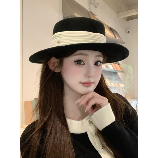 Hanqing Mid-summer French Hat Women's Autumn and Winter Woolen Flat Brim Hat Fashionable and Versatile Black Top Hat British Retro Flat Top Hat Black Adjustable