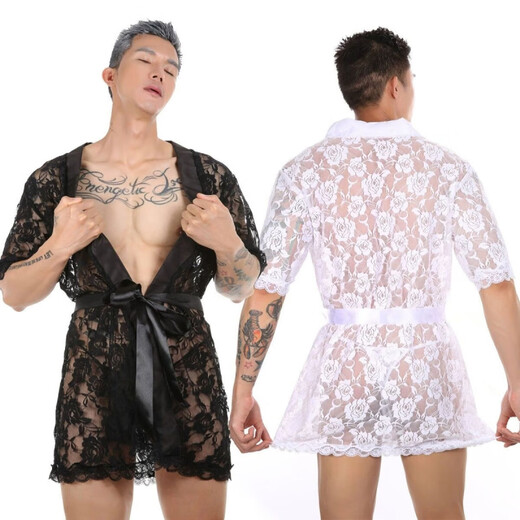 Men's sexy nightgown sexy see-through temptation lace thong gay sexy bathrobe home wear set black nightgown S