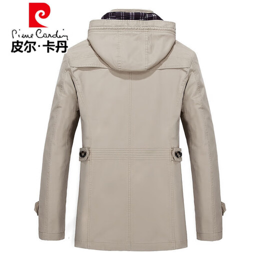 Pierre Cardin spring and autumn pure cotton mid-length windbreaker men's buttoned casual jacket middle-aged autumn coat coat outer hooded jacket light khaki A352-1311 jacket XL