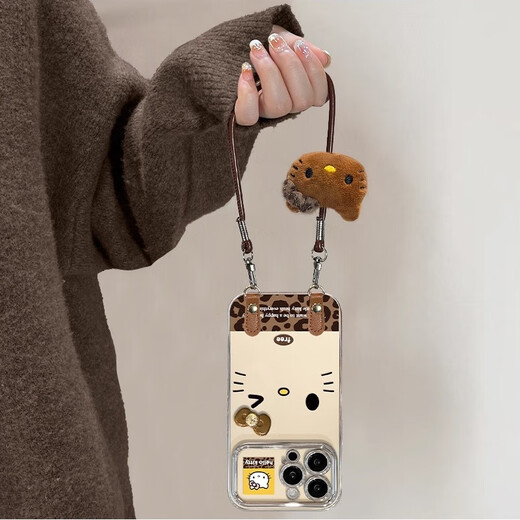 Vinion is suitable for Apple 17promax mobile phone case, new large window iPhone16ProKt cat lanyard 15plus all-inclusive anti-fall 14 senior women 13 with lanyard 12 personality 11 electroplated large window - antique white - leopard print Kt cat + doll + leather buckle + lanyard iPhone 17 Pro