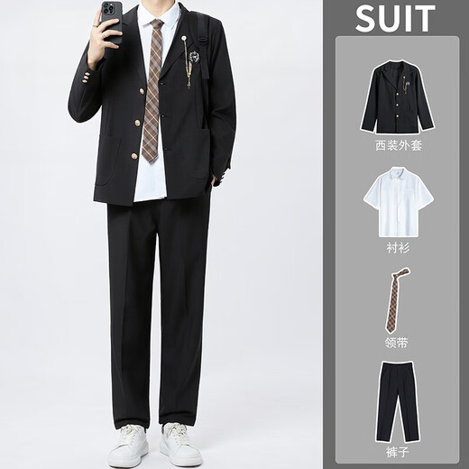 College style dk boys uniform suit badge suit spring and autumn youth handsome shoulder pad black jacket class uniform navy suit/shirt/tie/trousers high quality 4XL recommended 180-195Jin Jin equals 0.5 kg