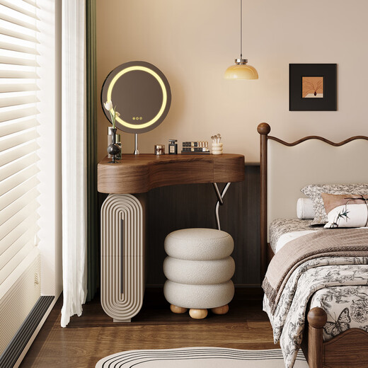 Menglu solid wood dressing table storage integrated corner small apartment modern and simple 2025 new bedroom corner dressing table table standard board multi-layer solid wood board corner dressing table + makeup mirror + circle stool walnut wood grain + khaki gray paint