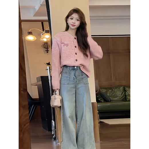 Zuosu Knitted Cardigan Women's 2025 Early Autumn Korean Style Pink Puppy Embroidered European Hot Top Unique Top Peach Pink One Size (115Jin Jin is equal to within 0.5kg)