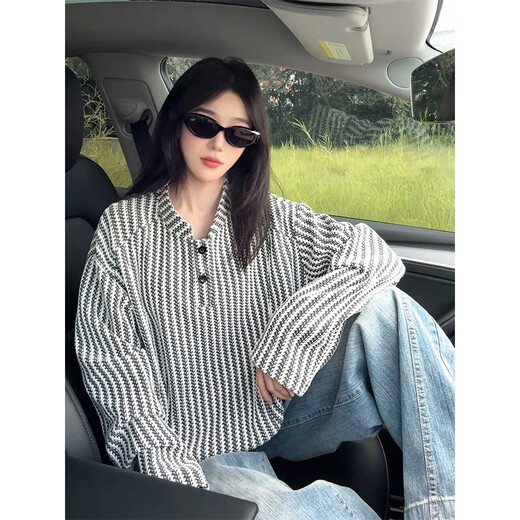 Cantu herringbone pattern American Henry collar sweatshirt men's spring and autumn heavyweight long-sleeved T-shirt houndstooth bottoming shirt white 2XL