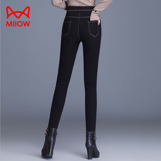 MiiOW high-waist silk, silk cotton trousers and velvet jeans for women 2025 new winter thickened and warm outer wear to show slimming feet black denim/strip/strip sheep lining Height 158-169 cm 2XL Weight 125-135