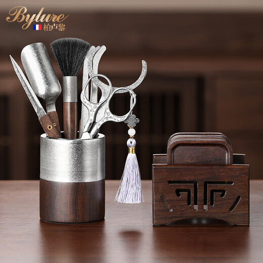 Bylure brand ebony pure titanium tea ceremony six gentlemen set scissors tea table tea table tea making tools tea accessories collection 4 pure titanium midao accessories + walnut coaster set