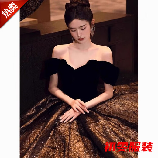 Mei An Jia Hepburn style evening dress women's one-shoulder slimming high-end light luxury banquet retro style art test skirt coming-of-age wedding photos black long style without bustle S