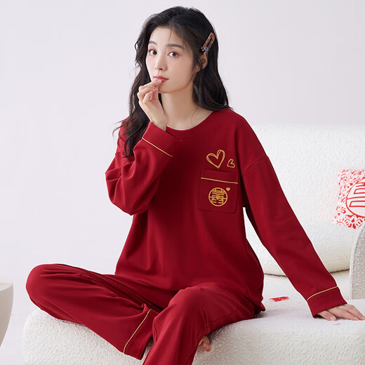 猫人蛇年睡衣女士春秋季纯棉长袖100%全棉家居服冬红色本命年V领套装 9227 XL ( 建议体重110-140斤）