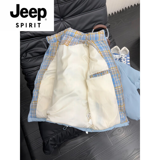 JEEP SPIRIT Blue and White Lightweight Down Jacket Men's Winter Plaid Splicing Jacket American Couple Stand Collar Bread Jacket Blue M (Suitable for 100-115 Jin Jin equals 0.5 kg)