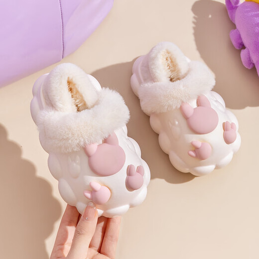 Yunshun Cartoon Rabbit Children's Slippers Winter Baby Cotton Slippers Waterproof Heel Detachable Girls and Boys Furry Cotton Shoes White 26-27 Codes-Inner Length 16cm-170 Codes