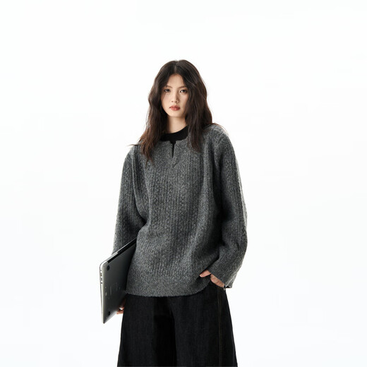 Leolite American retro twist design sweater men's lazy high-end Henry collar loose pullover sweater dark gray S