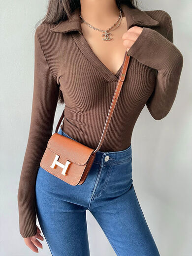 YoungGirlDay European and American hot girls sexy V-neck elastic tight slimming long-sleeved bottoming T-shirt jumpsuit top baby blue autumn and winter brushed version regular style S S