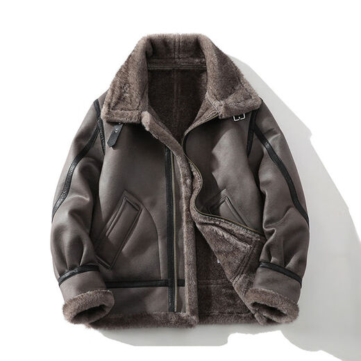 Falling retro leather jacket men's winter fur one-piece suede lamb hair plus velvet thickened motorcycle jacket retro gray M