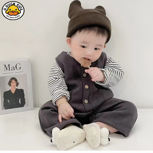 G.duck little yellow duck Korean style baby clothes suit spring and autumn new fashionable baby overalls long sleeve male and female baby spring gray rice woolen wide shoulder suit 80cm