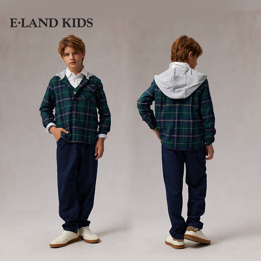 E LAND KIDS children's clothing boys' shirt plaid hooded shirt green 120