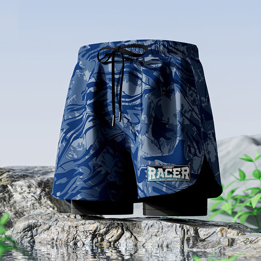 Anti-embarrassment swimming trunks for teenagers, high school and junior high school students, loose and large size, double layer swimming shorts for fat boys, light blue + cap + swimming goggles, earplugs, nose clip + bag L (75-95Jin Jin is equal to 0.5kg)