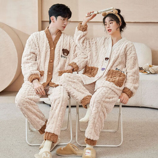 Woodpecker winter coral velvet pajamas for couples, plus velvet and thickened home clothes for men and women, flannel warm and wearable suit QGL806 L, women get men's L, two sets of price