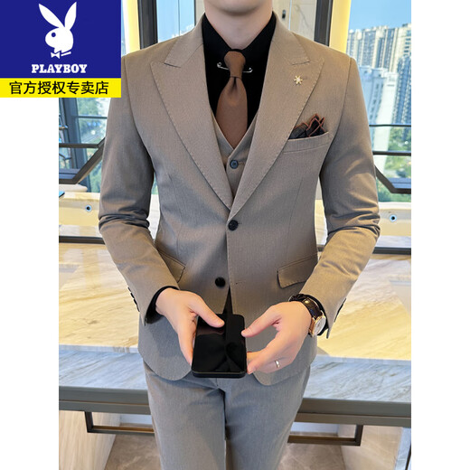 Playboy lapel two-button suit men's business casual solid color Korean slim fit groom's wedding suit three-piece black suit + trousers + vest 4XL (165-180Jin Jin equals 0.5 kg)