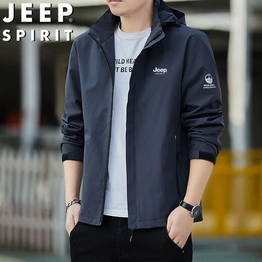 JEEP SPIRIT Jeep Jacket Men's Spring and Autumn Jacket Casual Hooded Mountaineering Windproof Couple Style Dark Gray 2XL