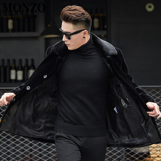 MONZO international first-line brand autumn and winter imitation mink coat mid-length men's lapel button style mink coat imitation mink black lapel zipper style S 90-105Jin Jin equals 0.5 kg