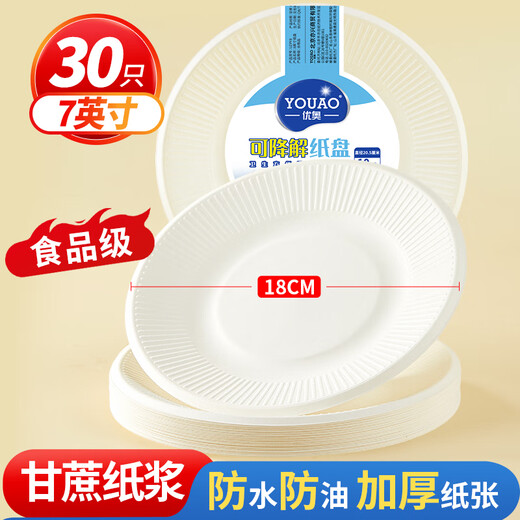 Youao disposable dinner plates 7 inches * 30 pieces food-grade sugar cane pulp dinner bowls paper plates bowls tableware for home and commercial use