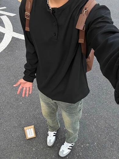 Waffle black sweatshirt men's spring and autumn cleanfit cotton bottoming shirt high-end Henry collar long-sleeved T-shirt black upgraded model M 90-110Jin Jin equals 0.5 kg