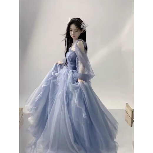 Rich-collared high-end French evening dress female performance costume vocal music and art examination long skirt princess style skirt student birthday host student blue M