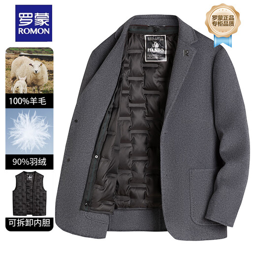 ROMON wool double-sided woolen suit for men, removable down liner jacket, middle-aged cold-proof and warm small suit for men, black XL 180