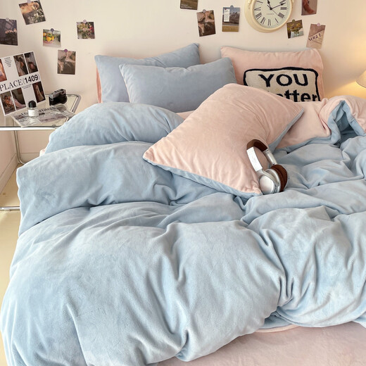 Yalu winter milk velvet quilt cover single piece thickened warm double-sided velvet quilt cover 1.5x2m student dormitory bedding baby blue + pink jade double-sided warm velvet skin-friendly and delicate 2.0m bed sheet style four-piece set - quilt cover 220x240cm