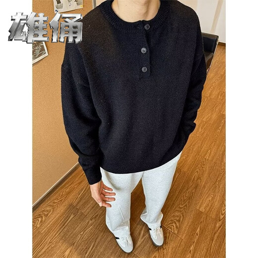 Male figure gray henley collar sweater men's autumn and winter trendy brand lazy style knitted sweater cleanfit bottoming shirt GT6 light gray regular XL