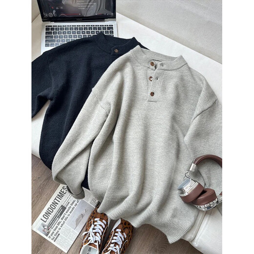 XUANSENTU gray American retro Henry collar sweater men's autumn and winter lazy style sweater couple base polo trend floral gray upgraded model M