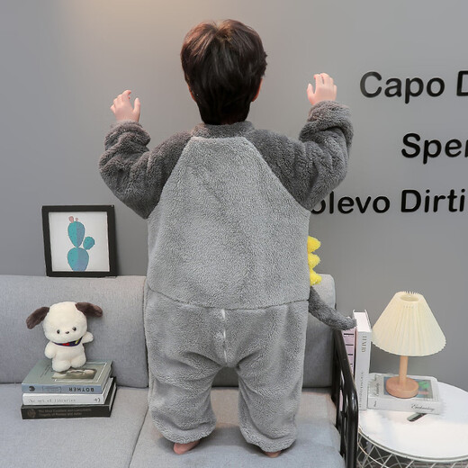 Disney children's one-piece pajamas autumn and winter flannel plus velvet thickened baby sleeping bag boys winter coral velvet home clothes gray 130 cm